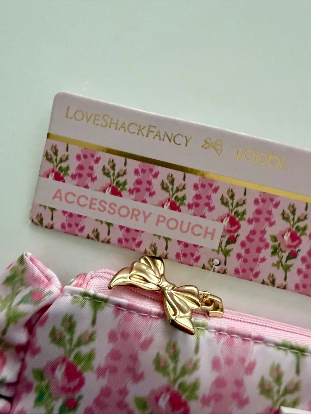 LoveShackFancy x Yoobi Pink Floral Ruffle Accessory Pouch with Gold Bow Zipper